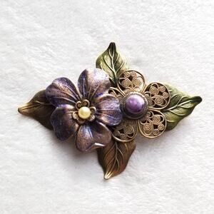 Vtg African Violet Flower Faux Pearl Enamel Cabochon Brooch Stone Leaf Filigree